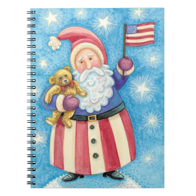 Cuaderno Navidades cortos, Papá Noel Patriótico con bandera (Frente)