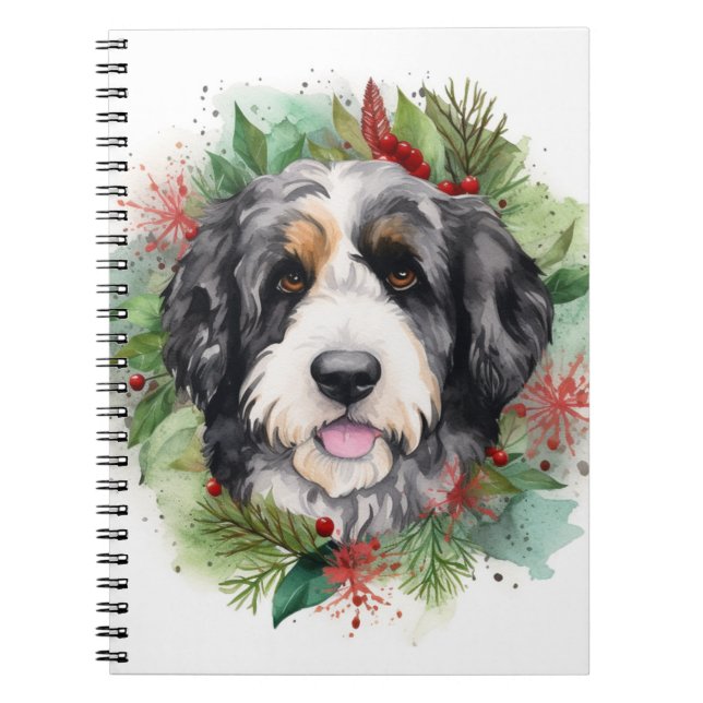 Cuaderno Navidades de Bernedoodle Wreath Pup festivo (Frente)