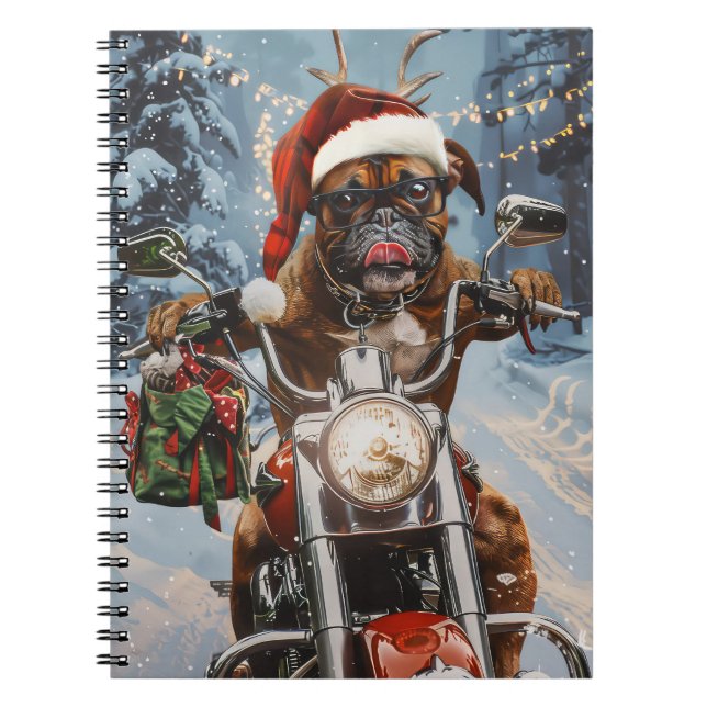 Cuaderno Navidades de Boxer Dog Riding en motocicleta (Frente)