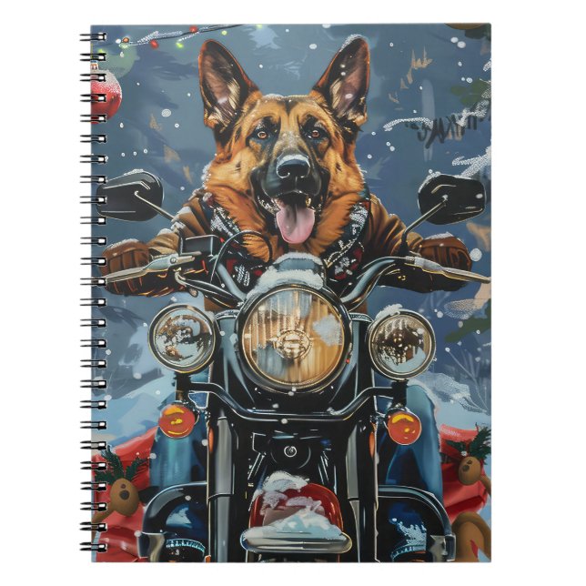 Cuaderno Navidades de motocicleta de Pastor Alemán (Frente)