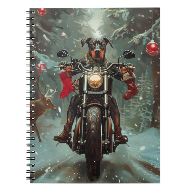 Cuaderno Navidades de motocicleta Doberman Dog Riding (Frente)