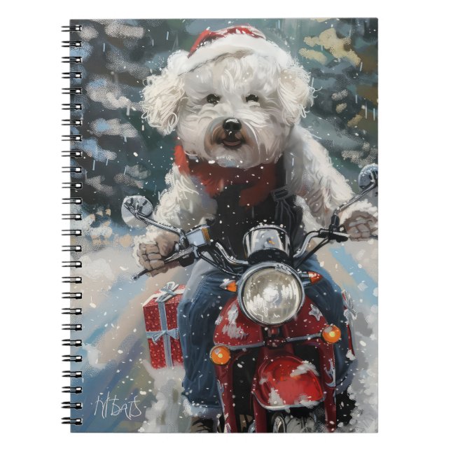 Cuaderno Navidades de motocicletas Bichon Frise Dog Riding (Frente)