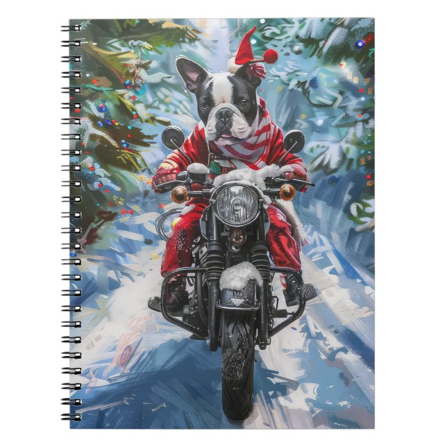 Cuaderno Navidades en motocicleta de Boston Terrier Dog Rid (Frente)