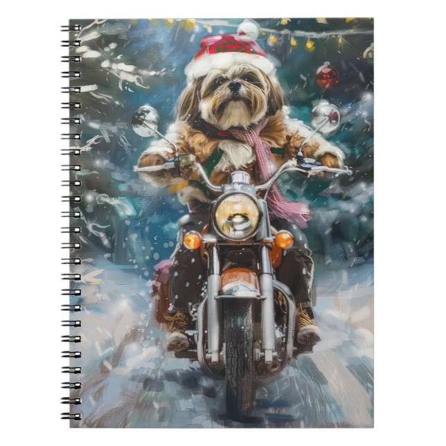 Cuaderno Navidades en motocicleta de lhasa Apso Dog Riding (Frente)