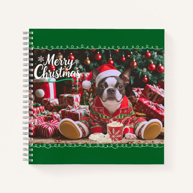 Cuaderno Navidades locos: pijamas de Boston terrier persona (Anverso)