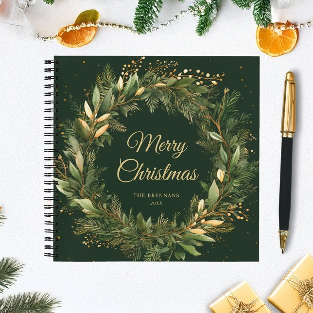 Cuaderno Navidades Wreath Green Gold Elegante (Christmas Wreath Green Gold Stylish Elegant Notebook)