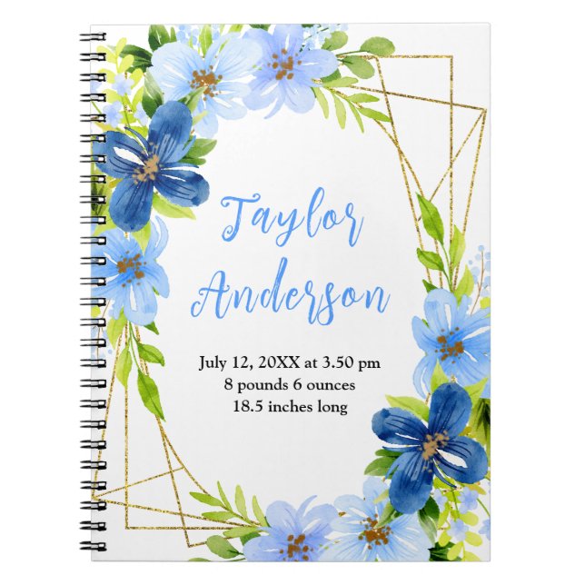 Cuaderno Navy and Baby Blue Floral Baby Birth Stats (Frente)