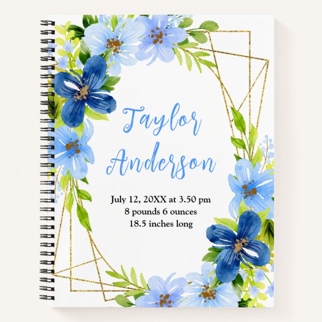 Cuaderno Navy and Baby Blue Floral Baby Birth Stats (Anverso)