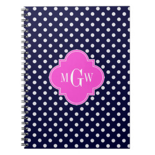 Cuaderno Navy Blanco Lunares Rosa Caliente Cuatrefoil Monog