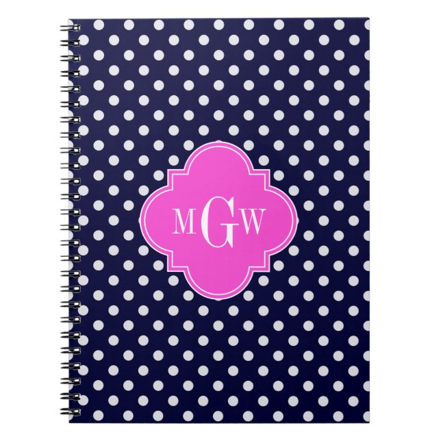 Cuaderno Navy Blanco Lunares Rosa Caliente Cuatrefoil Monog (Frente)