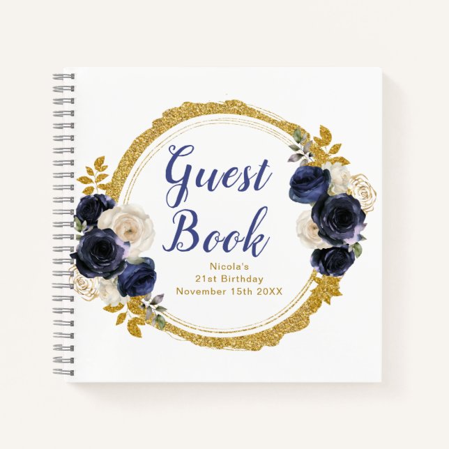 Cuaderno Navy Blue and Gold Elegant Flowers Birthday Party (Anverso)