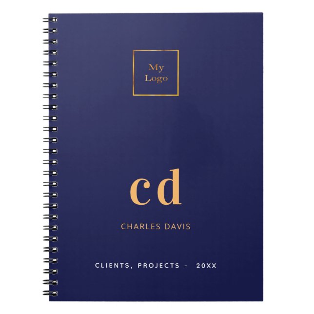 Cuaderno Navy blue gold monogram initials business logo (Frente)