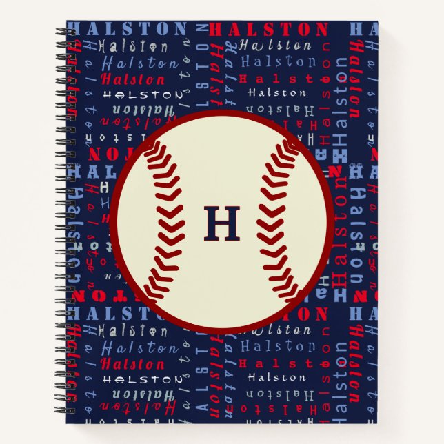 Cuaderno Navy Blue Monograma Nombre Regalos Niños Béisbol N (Anverso)