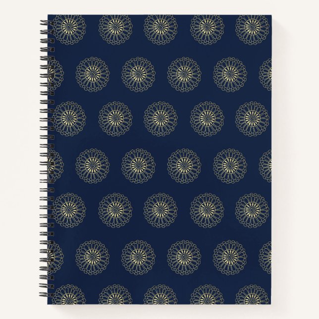 Cuaderno Navy | Medallones de Flor de Zinnia Dorada (Anverso)
