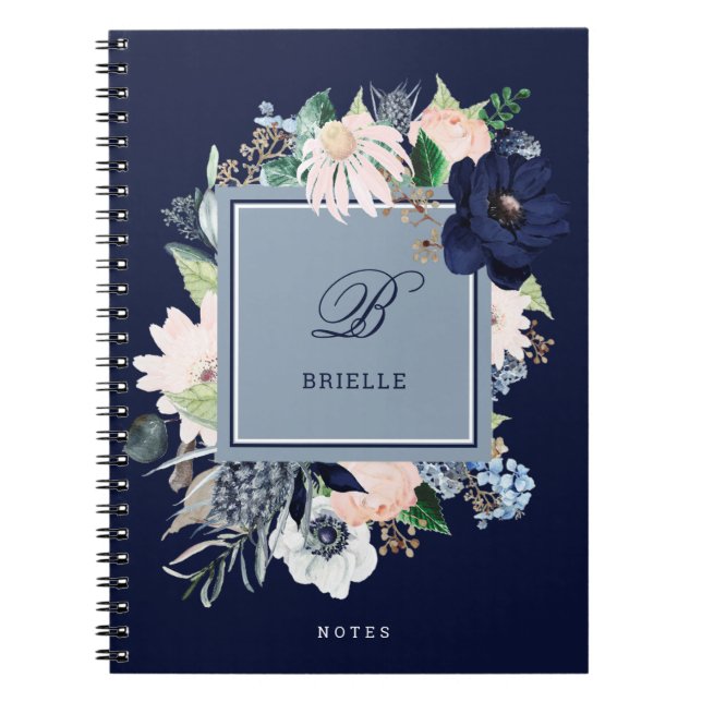 Cuaderno Navy y Rubor Floral | Nombre y monograma (Frente)