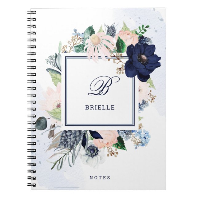 Cuaderno Navy y Rubor Floral | Nombre y monograma (Frente)