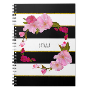 Cuaderno Negro Blanco y Dorado Moderno Floral Chic Glam