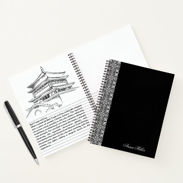 Cuaderno negro con patrón vectorial blanco y nombr (Subido por el creador)