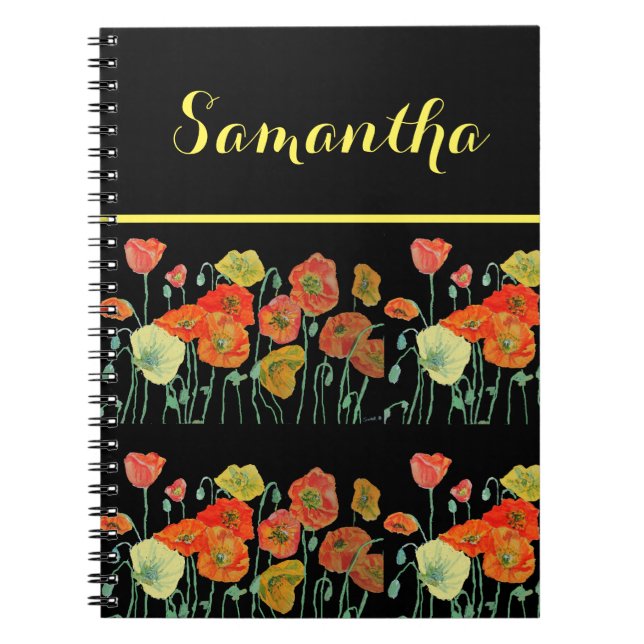 Cuaderno negro de flores de amapola naranja (Frente)