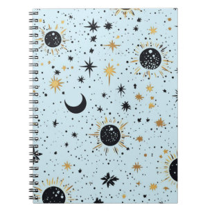 Cuaderno Negro, Dorado y Azul Sol Luna Estrellas Celestiale