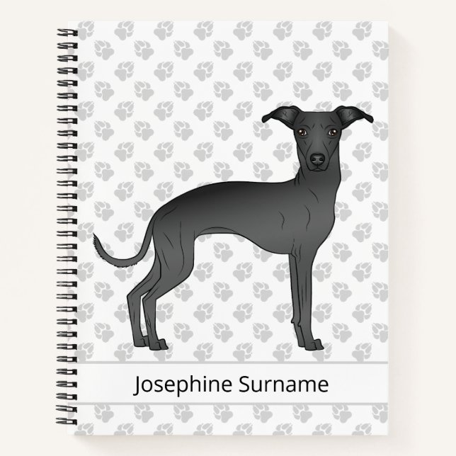 Cuaderno Negro Italiano Greyhound Cute Perro con texto Pers (Anverso)