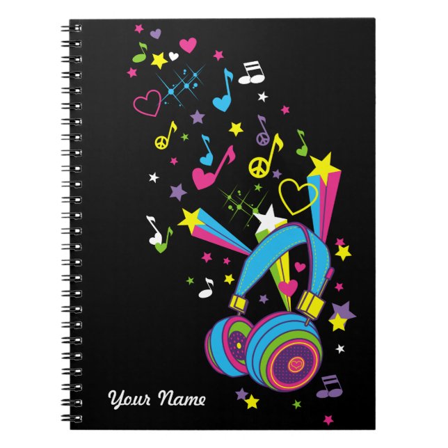 Cuaderno Negro Personalizado Auriculares Notas Mus (Frente)