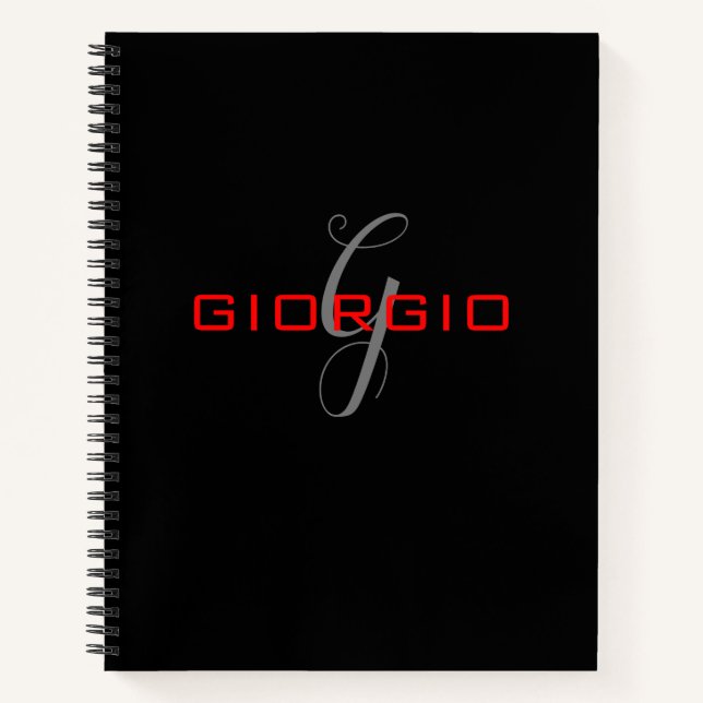 Cuaderno Negro Rojo Inicial de tu Nombre Monograma Moderno (Anverso)