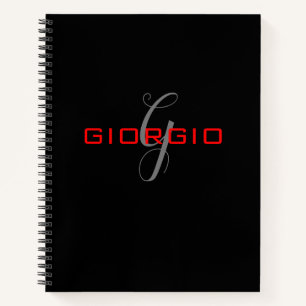 Cuaderno Negro Rojo Tu Nombre Inicial Monograma Moderno