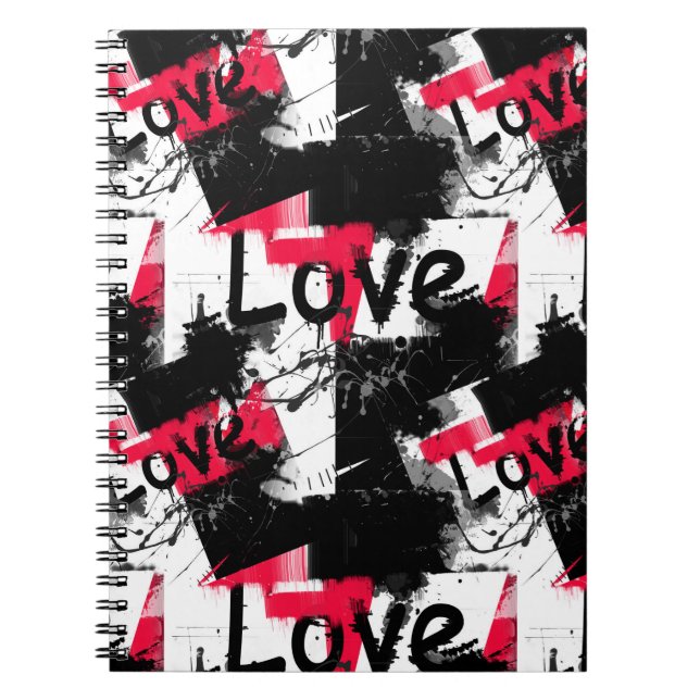 Cuaderno Negro y blanco con manchas rojas patrón de amor (Frente)