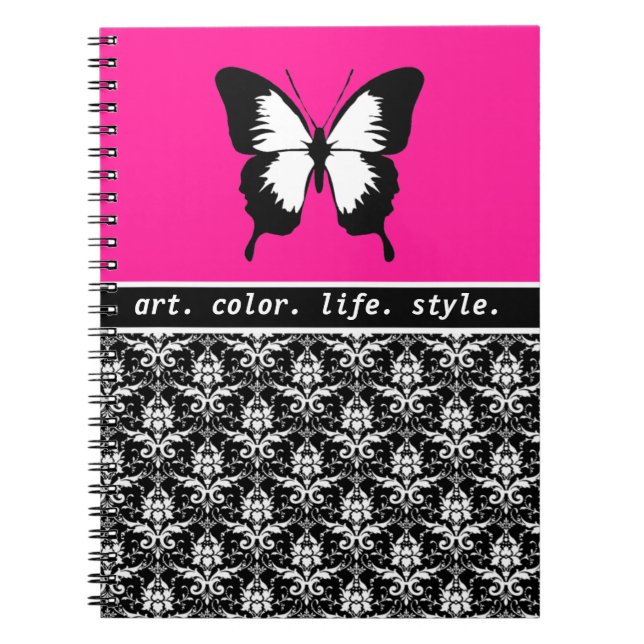Cuaderno Negro y blanco y rosado con las alas de encargo (Frente)