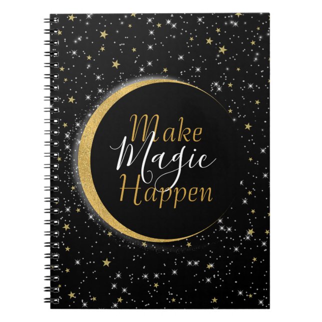 Cuaderno Negro y dorado estrellas lunares mágicas celestial (Frente)