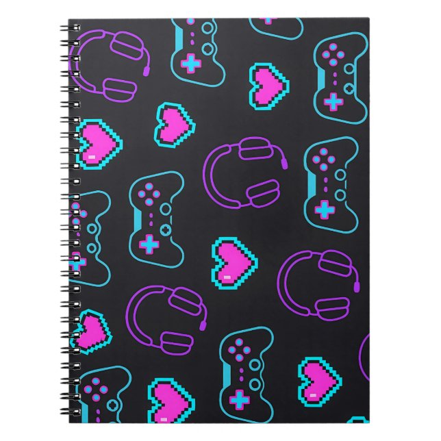 Cuaderno Neon Gamer Controller and Hearts Pattern (Frente)
