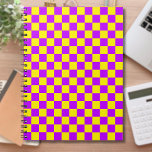 Cuaderno Neon Purple Yellow Check Checkerboard Vintage<br><div class="desc">Tablero de ajedrez blanco y negro de color morado y amarillo</div>