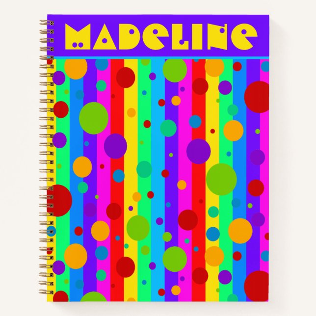 Cuaderno Neon Rainbow Stripe y Polka Dot Personalizado (Anverso)