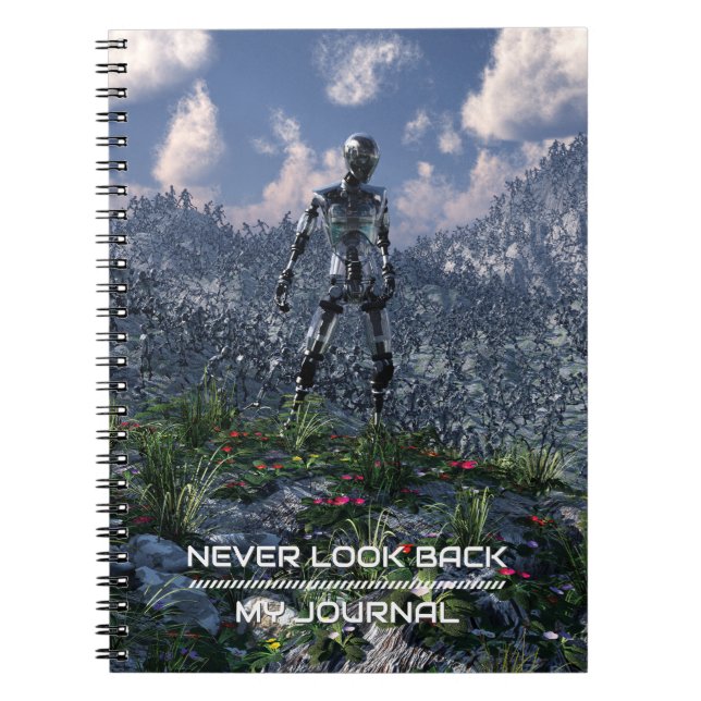 Cuaderno Never Look Back. Futuristic landscape with robots (Frente)