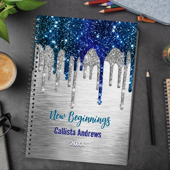 Cuaderno New beginnings Blue silver Drips monogram large (Subido por el creador)