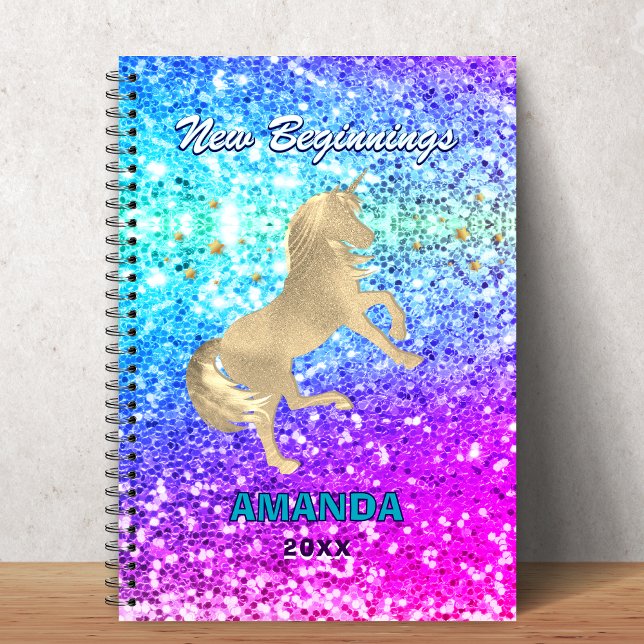 Cuaderno New beginnings gold unicorn Glitter monogram  (Subido por el creador)