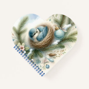 Cuaderno Nido de pájaro azul con adornos en pinos de invier