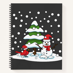Cuaderno Nieve cayendo sobre cardenal, muñeco de nieve y pi