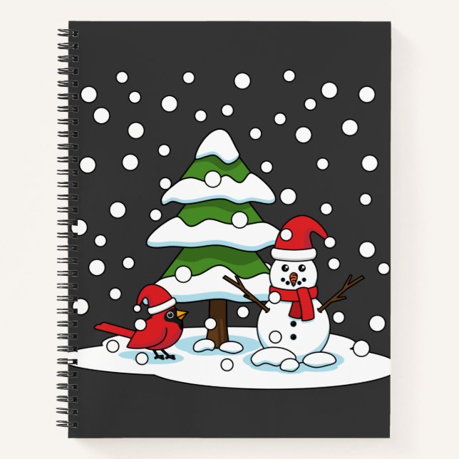 Cuaderno Nieve cayendo sobre cardenal, muñeco de nieve y pi (Anverso)