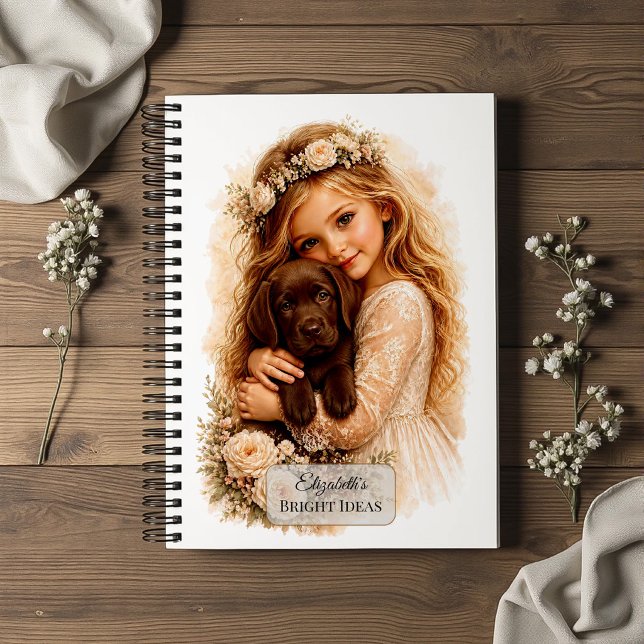 Cuaderno Niña con cachorro de Labrador de chocolate (Subido por el creador)