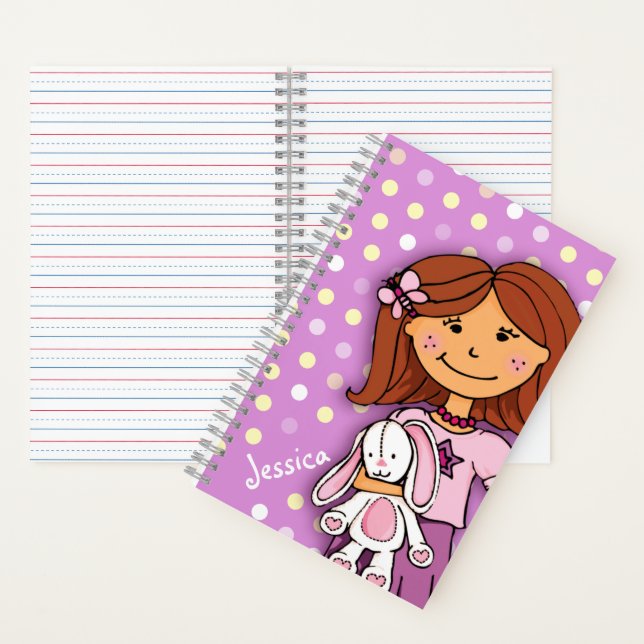 Cuaderno Niña con conejo blanco lunares lila púrpura (Interior)