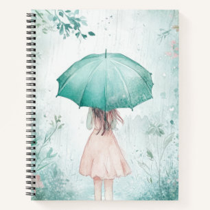 Cuaderno Niña con paraguas verde azulado jardín lluvioso