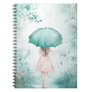 Cuaderno Niña con paraguas verde azulado jardín lluvioso