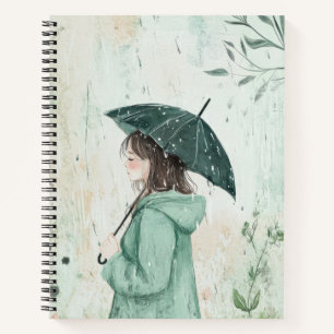 Cuaderno Niña con paraguas verde azulado Jardín lluvioso (2