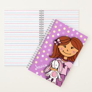 Cuaderno Niña con un conejo blanco de lunares lila púrpura