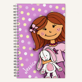 Cuaderno Niña con un conejo blanco de lunares lila púrpura