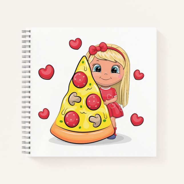 Cuaderno Niña de dibujos animados linda con pizza. (Anverso)