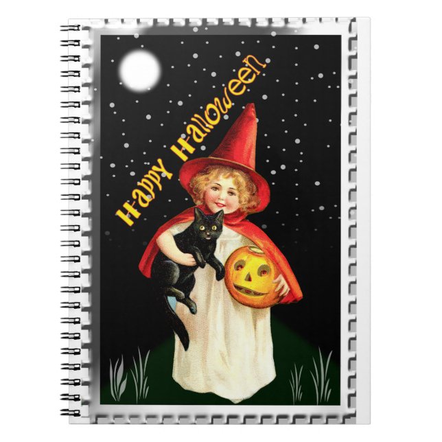 Cuaderno Niña Nostálgica, Jack-o’-lantern y Gato (Frente)