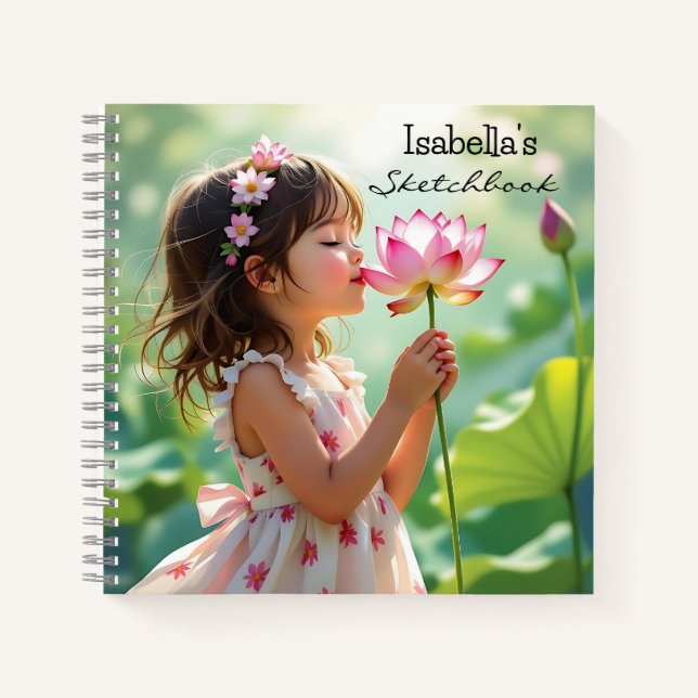Cuaderno Niña Olfateando una Rosa Rosa Personalizada (Anverso)